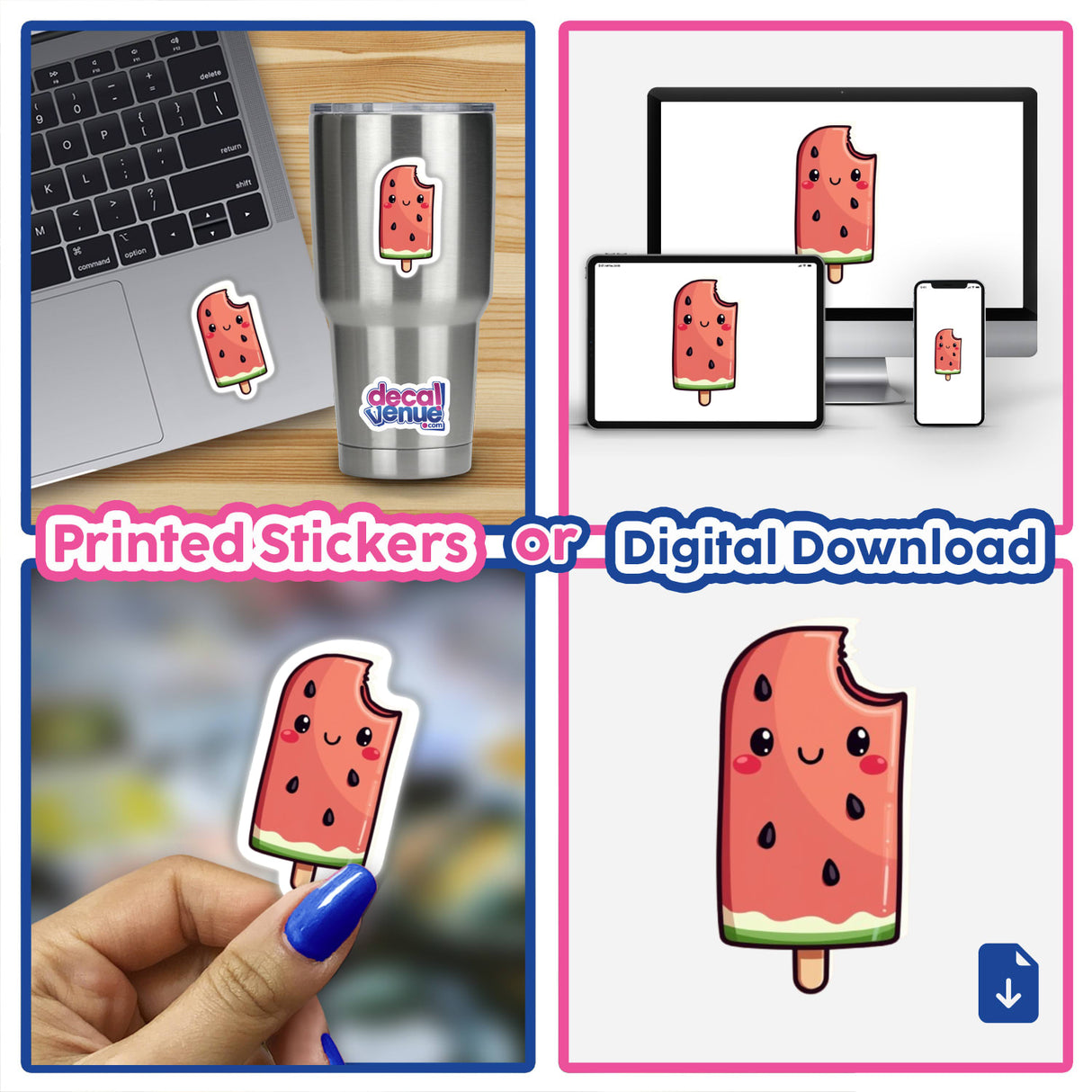 Kawaii Watermelon Popsicle Sticker featured in a collage, adorning a laptop and a cup, embodying cute summer snack art, perfect as a unique sticker from Decal Venue.