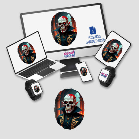 Demon Of The Underworld: A digital artwork showing a computer and laptop with a skull on the screens, available as stickers or digital art from Decal Venue.