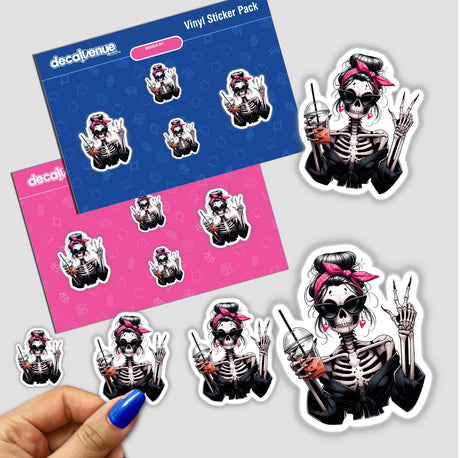 Spooky Halloween skeleton figure wearing a pink bandana and making peace sign, featured in a sticker pack from Decal Venue for digital downloads and stickers.