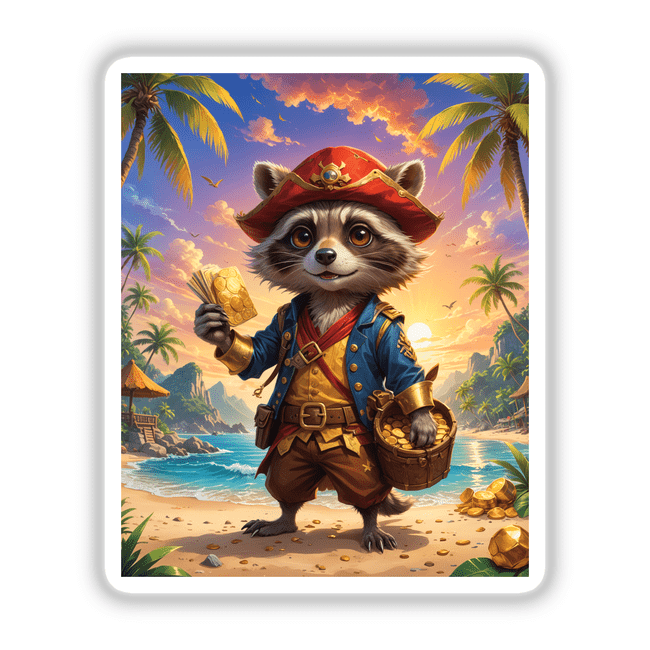A Cute Fantasy Raccoon Pirate cartoon holding a basket and bag of gold, available as stickers or digital artwork from Decal Venue.