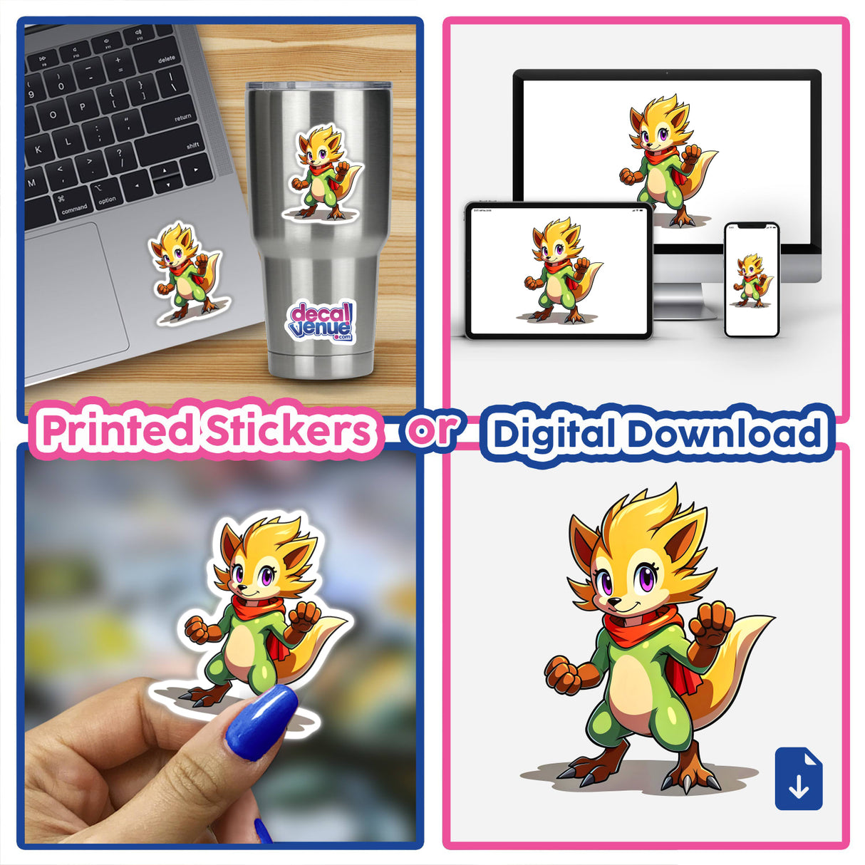 Collage featuring 'Furry Fighter - Happy Haze The Hedgehog' depicting this cartoon character on stickers and digital artwork, highlighting its playful design with a scarf across various items.