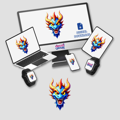 A Cool Fantasy Dragon displayed on a computer monitor and laptop, showcasing a cartoon dragon face, available as stickers or digital artwork from Decal Venue.