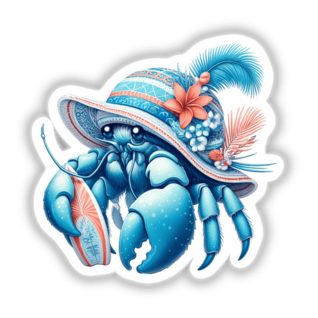 Hermit Crab Holding Surfboard in Summer Beach Hat