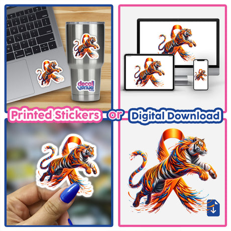 Tiger Orange Ribbon Leukemia Awareness sticker collage, featuring cartoon tigers adorned with ribbons and feathers, displayed on laptops and cups, available as vinyl stickers or digital artwork.
