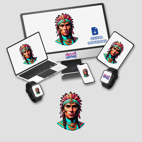Native American Warrior Chief illustration featured on a computer monitor and laptop, available as unique stickers or digital artwork from Decal Venue.