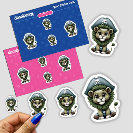 Pirate Lion with Skull Hat and Striped Outfit sticker pack, featuring cartoon lions with pirate hats, held by a hand, available as stickers or digital artwork from Decal Venue.