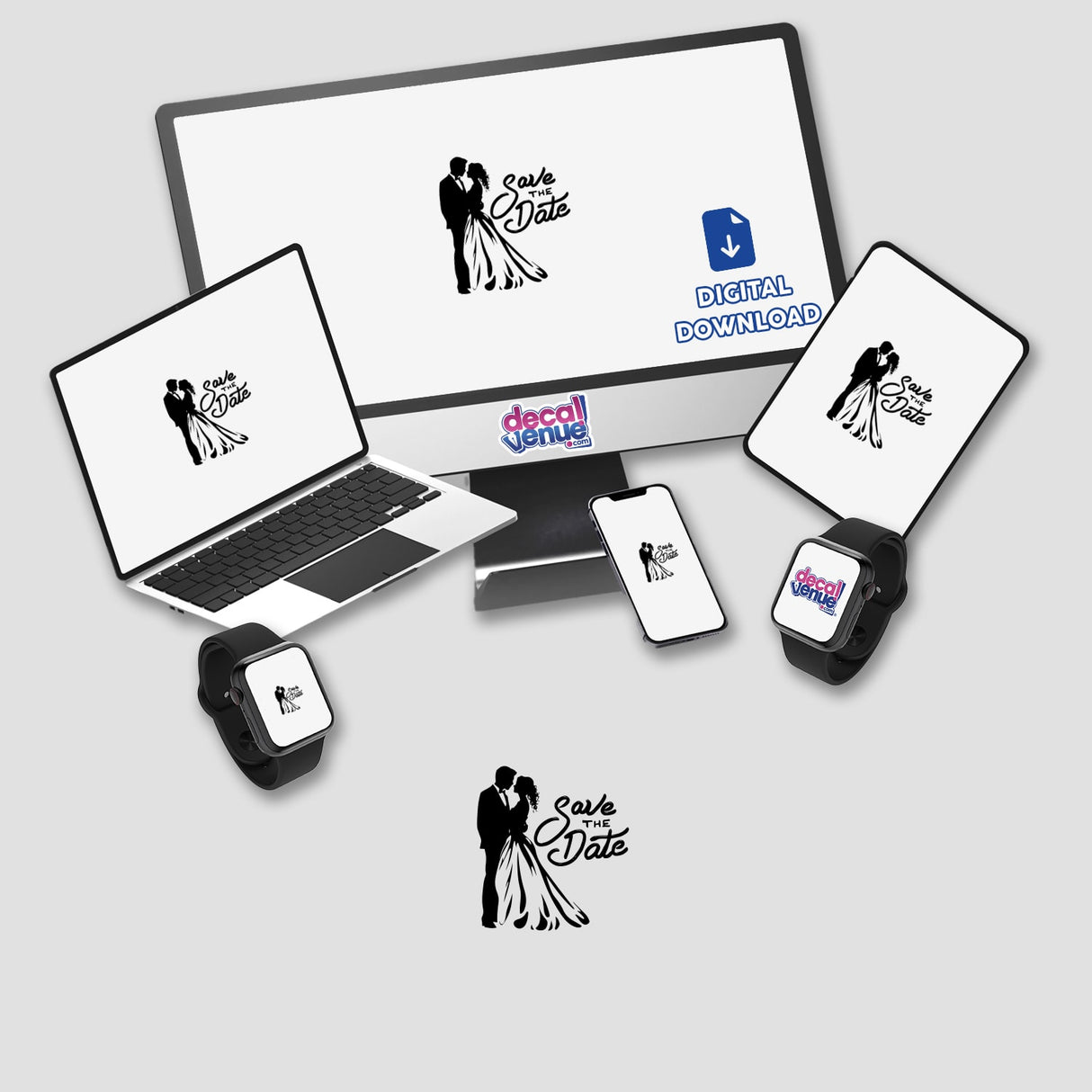 Save the Date wedding stickers and digital art featuring a computer monitor, laptop, and various tech devices, perfect for unique announcements from Decal Venue.
