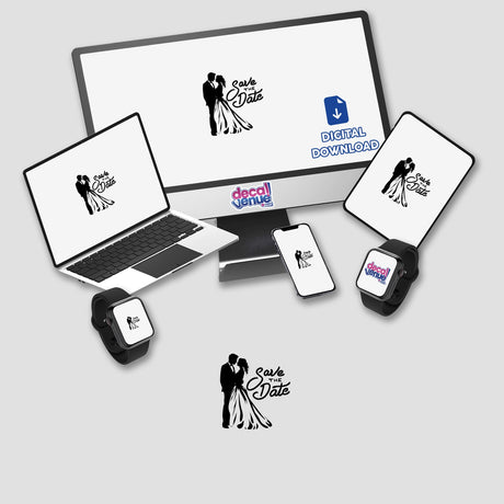 Save the Date wedding stickers and digital art featuring a computer monitor, laptop, and various tech devices, perfect for unique announcements from Decal Venue.