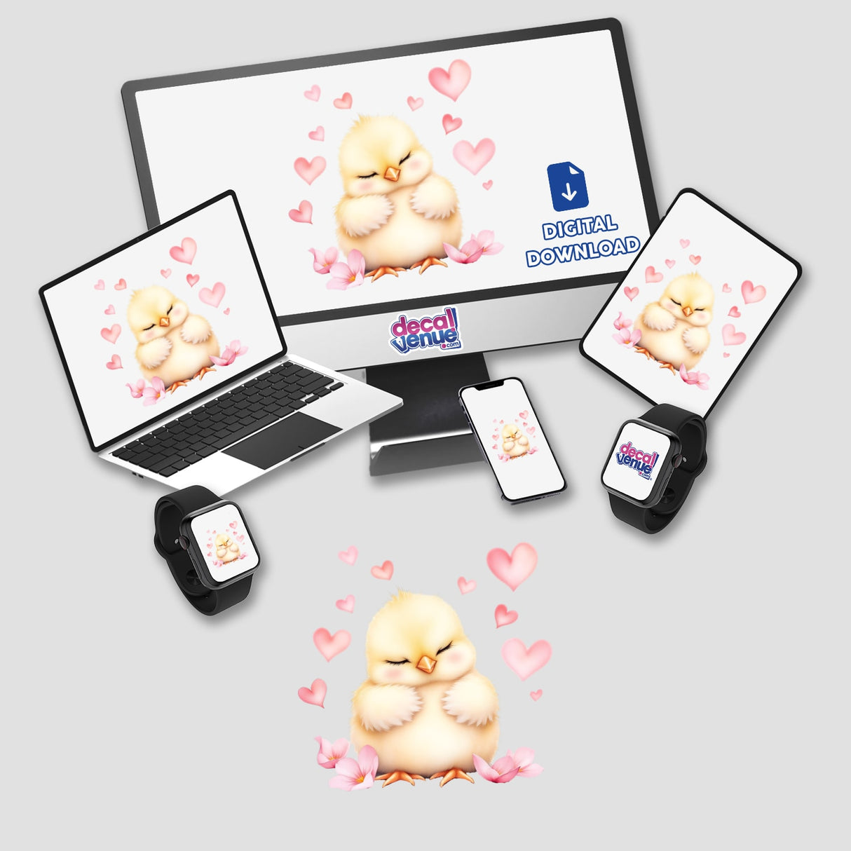 Sleeping Chick with Heart Petals: A serene cartoon chick surrounded by floating heart petals, depicted on digital screens, embodying warmth and joy. Available as stickers or digital art from Decal Venue.