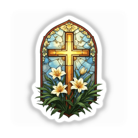 Stained Glass Christian Cross with Easter Lilies Clipart features a stained glass window design, showcasing a cross surrounded by lilies, available as stickers or digital artwork with commercial rights.