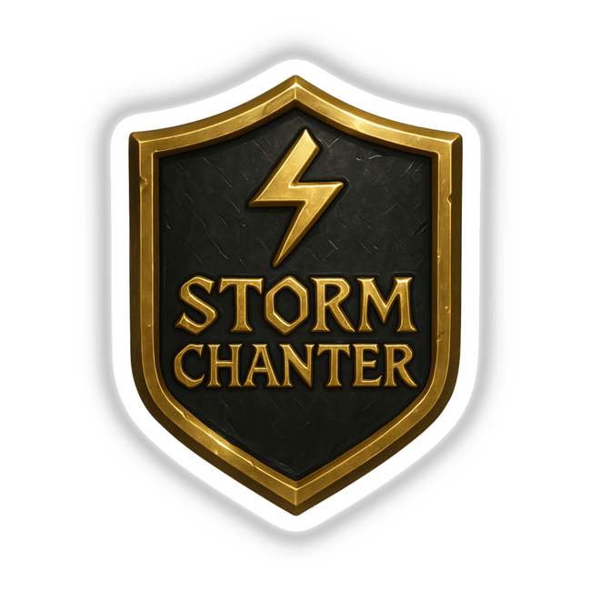 Storm Chanter – RPG-Style Skill Badge features a gold and gray thunder crest design, available as a unique sticker or digital artwork, embodying the distinctive style of Decal Venue's offerings.