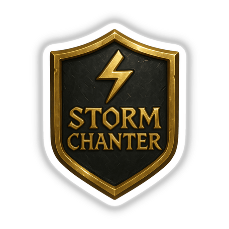 Storm Chanter – RPG-Style Skill Badge features a gold and gray thunder crest design, available as a unique sticker or digital artwork, embodying the distinctive style of Decal Venue's offerings.
