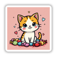 Kawaii cat surrounded by candy in a playful cartoon illustration, available as stickers or digital artwork from Decal Venue's unique collection.