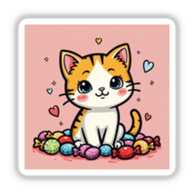 Kawaii cat surrounded by candy in a playful cartoon illustration, available as stickers or digital artwork from Decal Venue's unique collection.