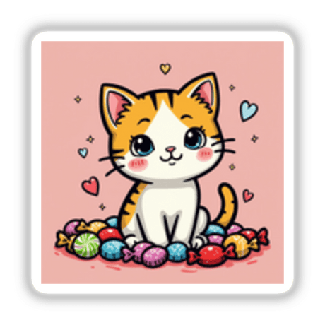Kawaii cat surrounded by candy in a playful cartoon illustration, available as stickers or digital artwork from Decal Venue's unique collection.