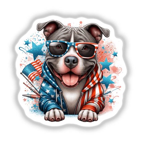 Patriotic American Flag Happy Pitbull Dog with Stylish Sunglasses and Accessories