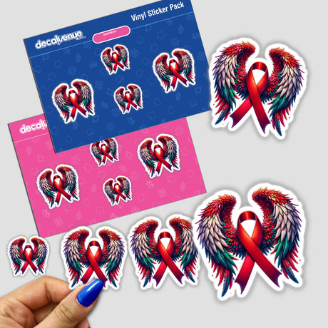 Red Awareness Ribbon with Wings sticker pack, featuring detailed winged red ribbons. Available as both stickers and digital artwork from Decal Venue, specializing in unique vinyl and digital designs.