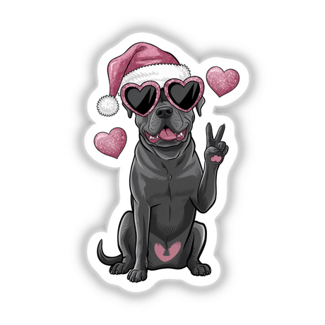 Christmas Santa Pitbull Dog Peace Sign II: Illustration of a pitbull wearing sunglasses and a Santa hat, available as unique stickers or digital artwork from Decal Venue.