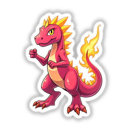 Dino Fighter - Blaze Tyranno: A cartoon of a pink dragon with fiery breath, available as stickers or digital artwork from Decal Venue.