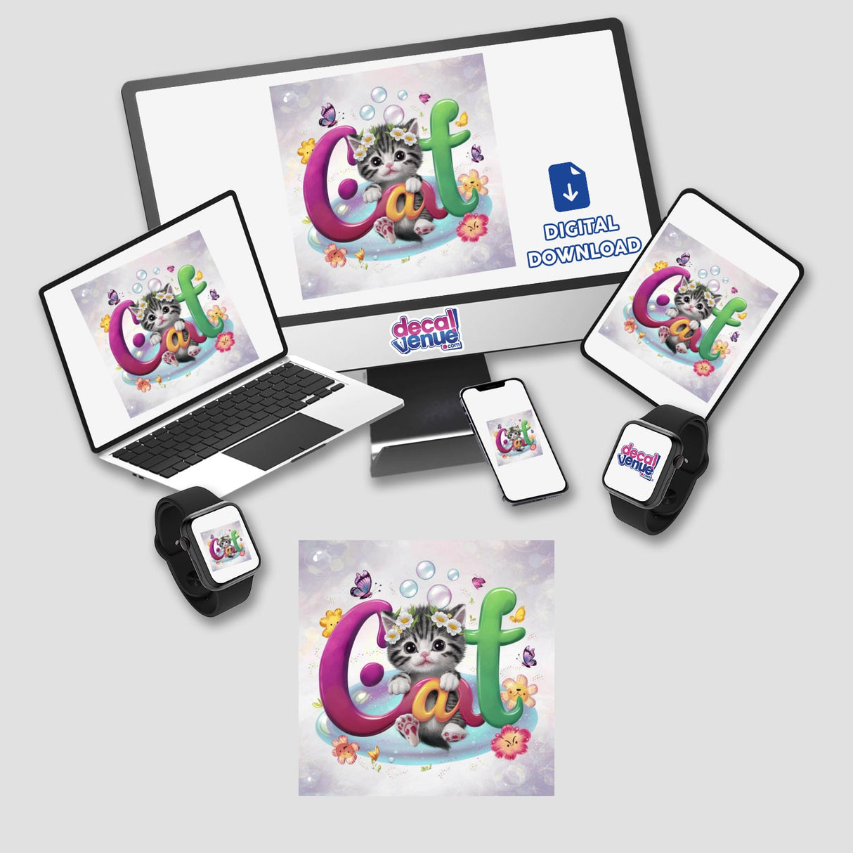 Playful Feline Digital Artwork: Vibrant cat illustration with colorful letters and floral elements, perfect for digital downloads, stickers, and other merchandise from Decal Venue's collection of unique designs.