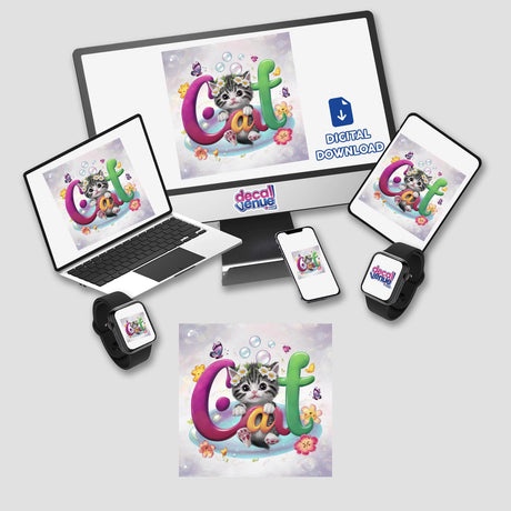 Playful Feline Digital Artwork: Vibrant cat illustration with colorful letters and floral elements, perfect for digital downloads, stickers, and other merchandise from Decal Venue's collection of unique designs.