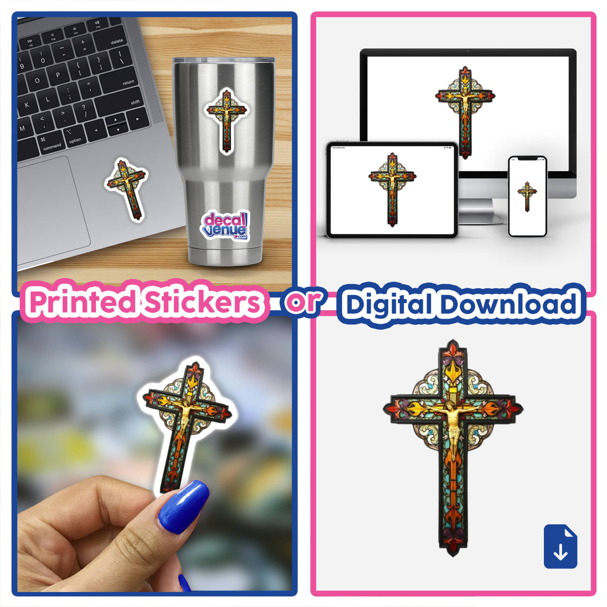 Stained Glass Christian Cross Clipart and Sticker featuring a crucifix design, suitable for laptops, nails, and other surfaces; available as stickers or digital artwork with commercial rights.