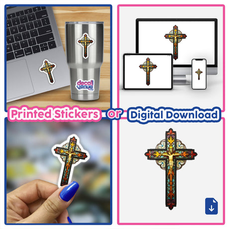 Stained Glass Christian Cross Clipart and Sticker featuring a crucifix design, suitable for laptops, nails, and other surfaces; available as stickers or digital artwork with commercial rights.