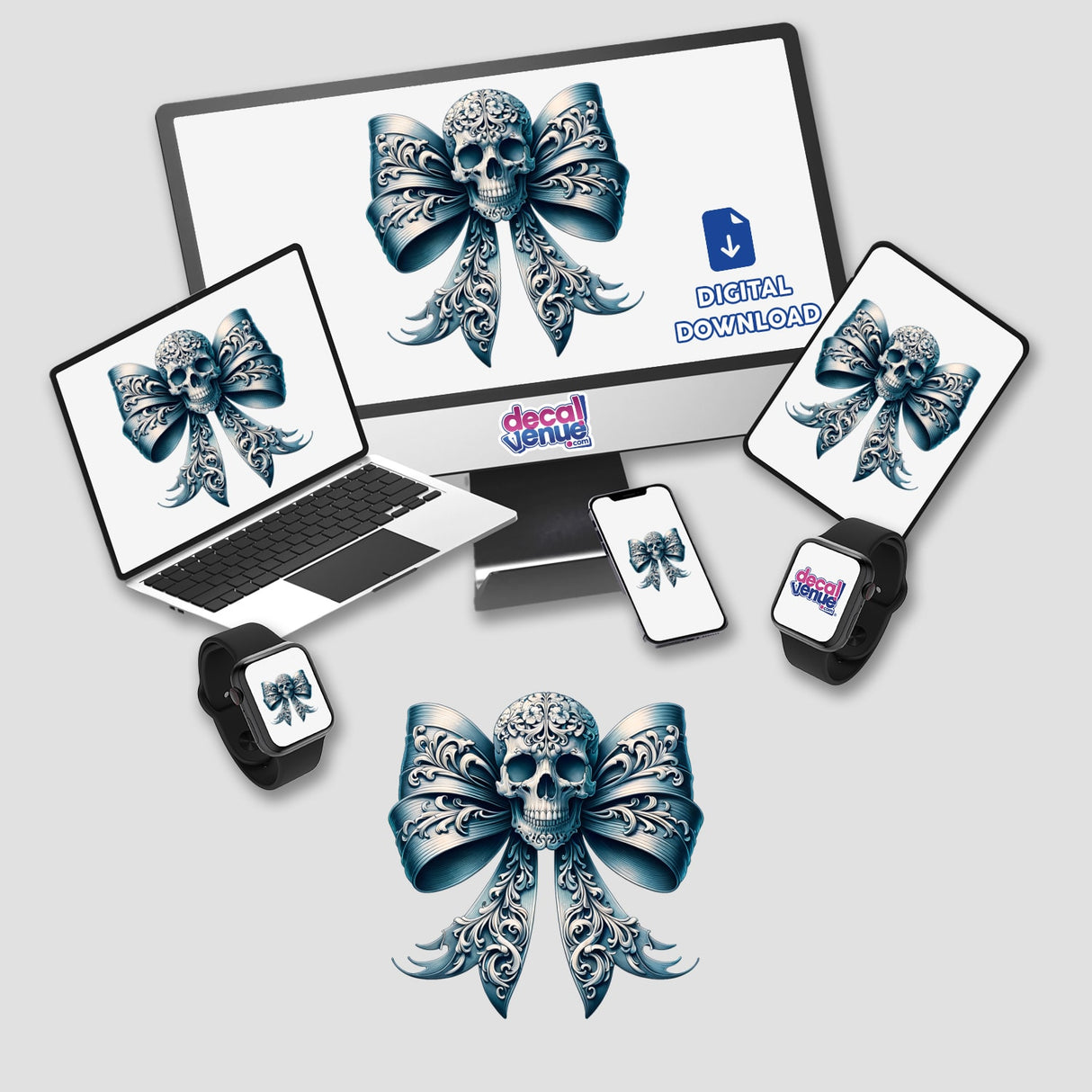 Skeleton Skull Coquette Bow digital artwork displayed on various devices, showcasing a decorative skull with an ornate bow, ideal for stickers or digital downloads from DecalVenue.