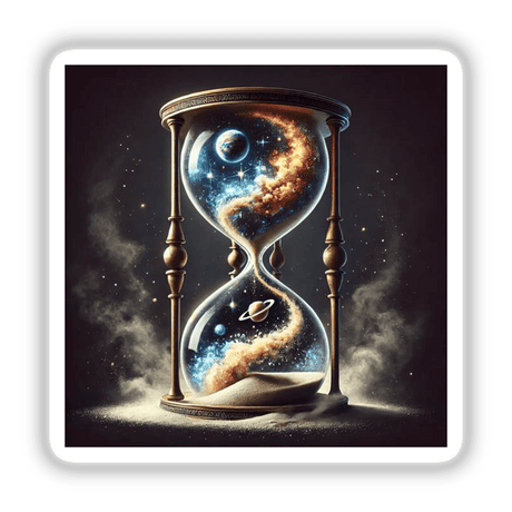Timeless Sand - Hourglass Filled with Cosmic Dust: An hourglass featuring planets and stars inside, perfect for space-themed decor by DecalVenue.
