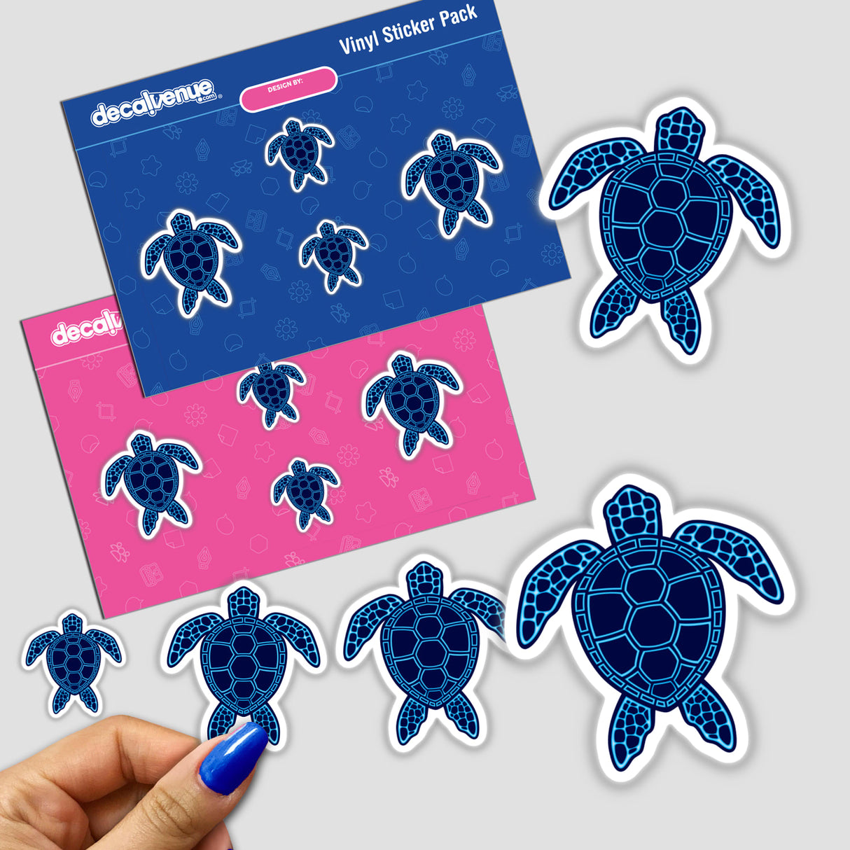Blue Neon Lava Sea Turtle Design featuring a group of stickers with detailed turtle illustrations, available as unique vinyl stickers or digital artwork from Decal Venue.