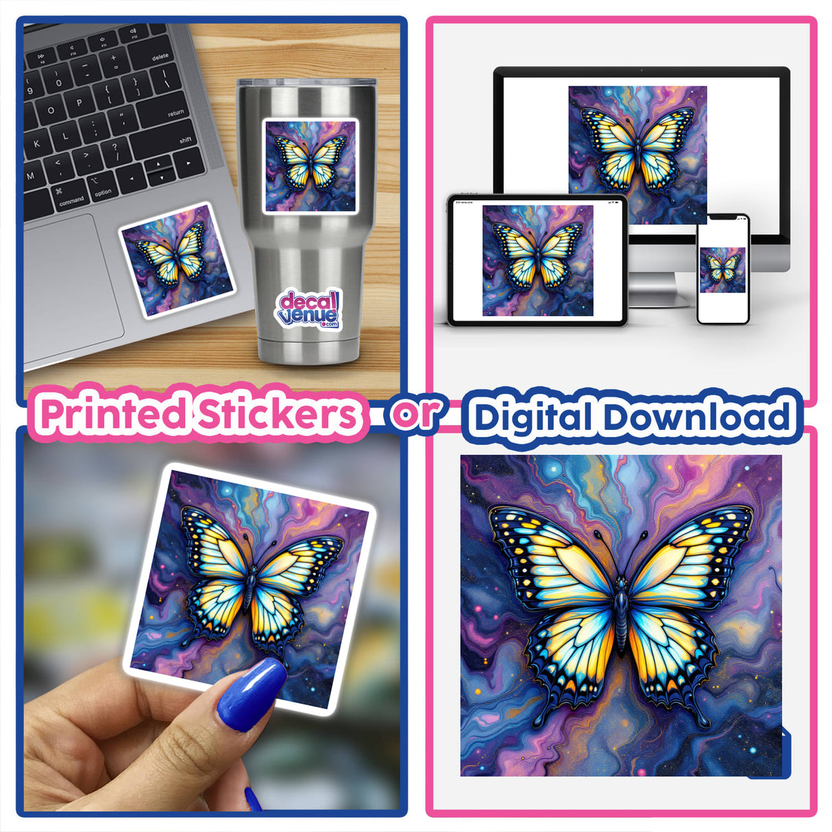Butterfly Alcohol Ink Design stickers or digital artwork featuring vibrant butterfly illustrations, ideal for decorating laptops, mugs, or digital projects, showcasing the unique artistry from Decal Venue.