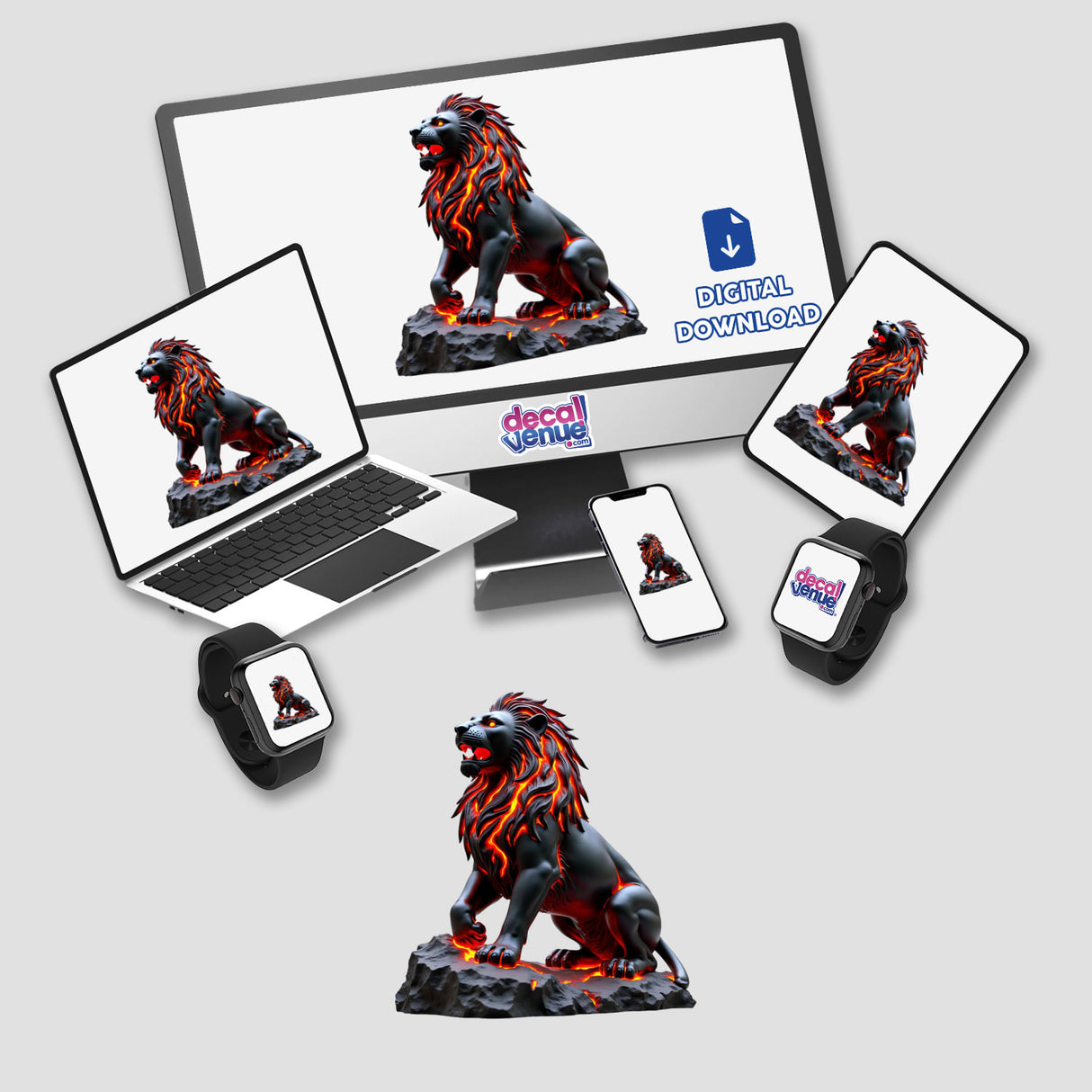 Molten Lava Lion Statue depicted with flames on its mane is shown on various devices, emphasizing its availability as stickers or digital artwork in Decal Venue's unique collection.