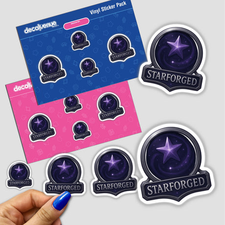 Starforged – RPG-Style Skill Badge features a silver and violet galaxy emblem, available as a sticker or digital artwork, embodying Decal Venue's unique vinyl art style.