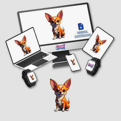 A Cute Chihuahua cartoon on a computer monitor and laptop, showcasing its playful design. Available as vinyl stickers or digital artwork from Decal Venue.