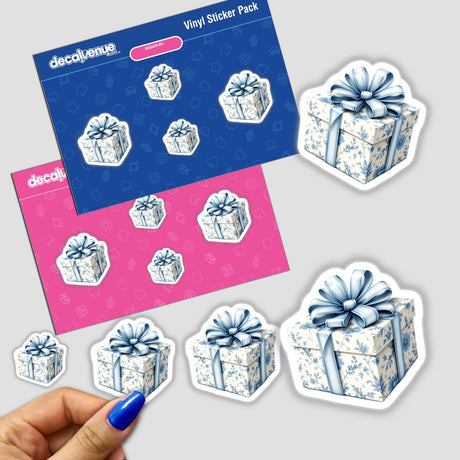 Chinoiserie Gift Box sticker pack held in hand, featuring various gift box designs with bows, available as stickers or digital artwork, reflecting Decal Venue's unique collection.