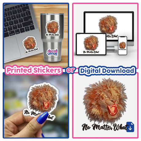 Collage featuring Lion_Roar design: stickers and digital downloads showcasing roaring lions, ideal for personalizing items with Decal Venue's unique, high-quality vinyl art.