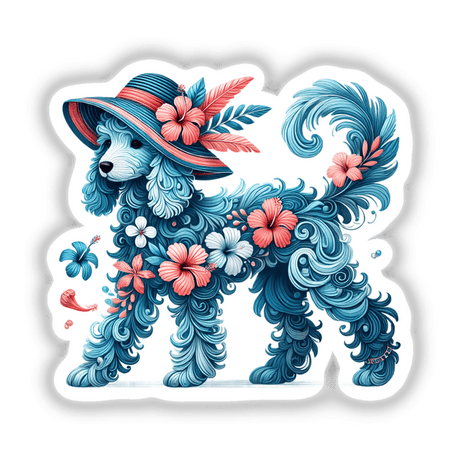 Poodle Dog in Summer Beach Hibiscus Hat digital artwork featuring a whimsical poodle adorned with flowers and feathers, perfect for creative projects and personalizing items.