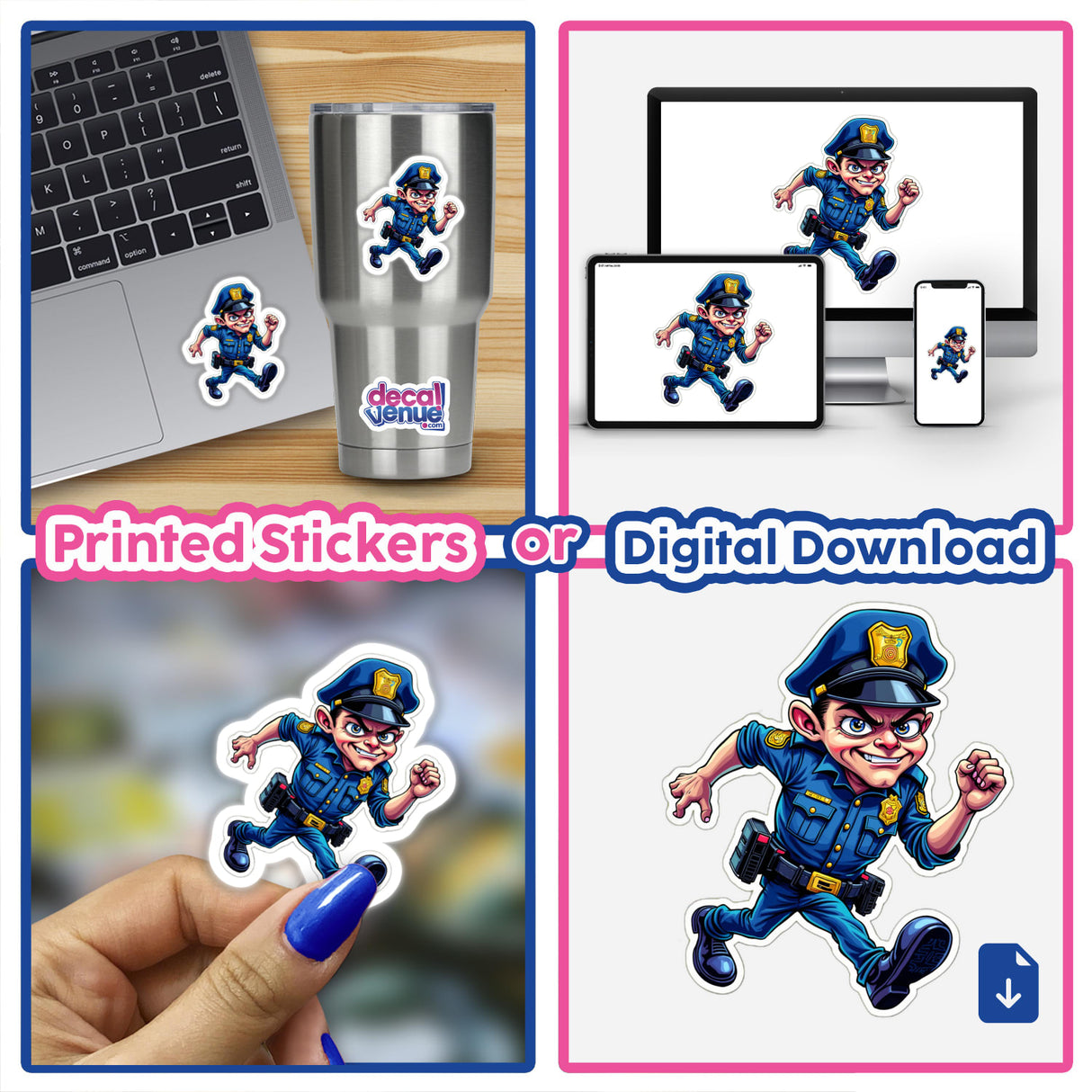 Policial Correndo: Collage featuring cartoon police officer stickers, including one running. Ideal for laptops, cups, and digital artwork.
