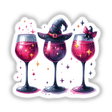 Three Halloween Witchy Red Wine Glasses stickers or digital artwork showing wine glasses with pink liquid, adorned with witch hats and stars, perfect for Halloween-themed decor.