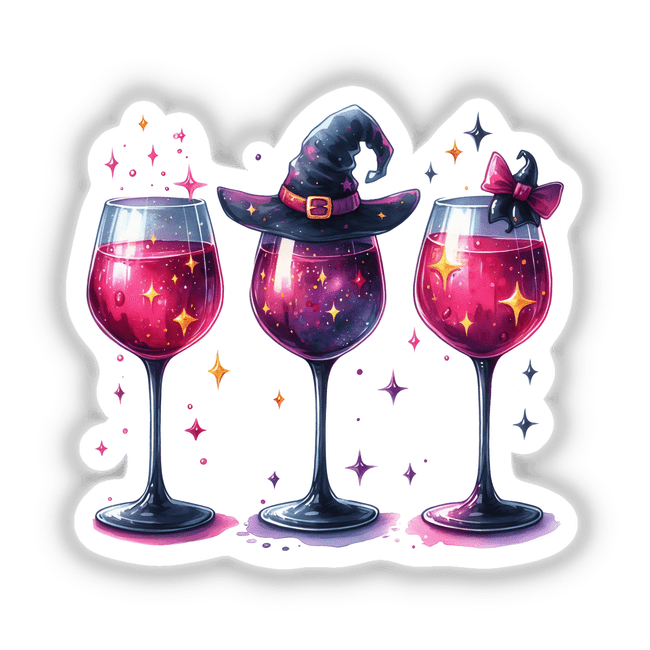 Three Halloween Witchy Red Wine Glasses stickers or digital artwork showing wine glasses with pink liquid, adorned with witch hats and stars, perfect for Halloween-themed decor.