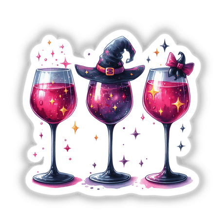 Three Halloween Witchy Red Wine Glasses stickers or digital artwork showing wine glasses with pink liquid, adorned with witch hats and stars, perfect for Halloween-themed decor.