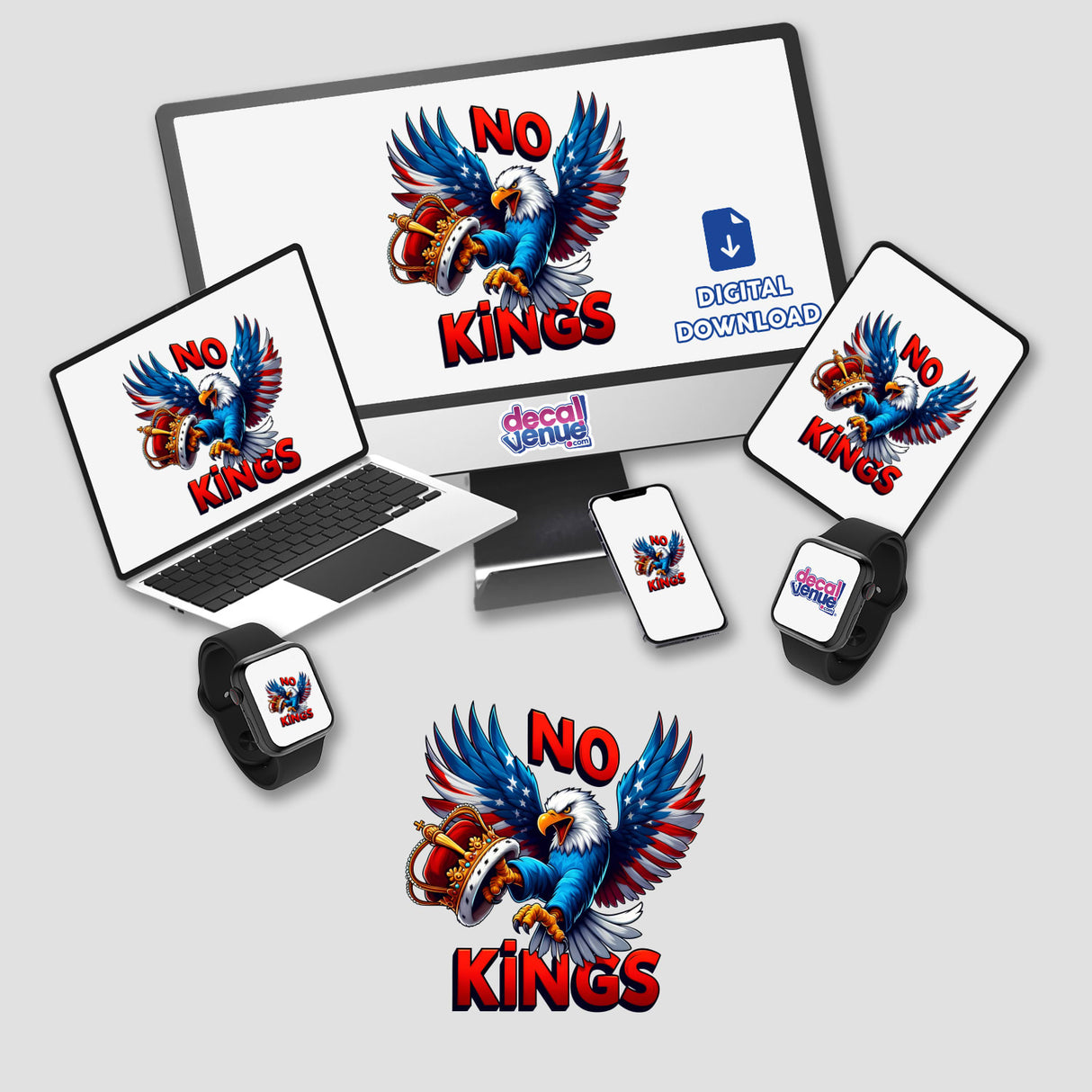 No Kings American Bald Eagle design available as stickers or digital artwork, featuring a stylized eagle with computer and phone elements, reflecting Decal Venue's unique vinyl and digital art offerings.