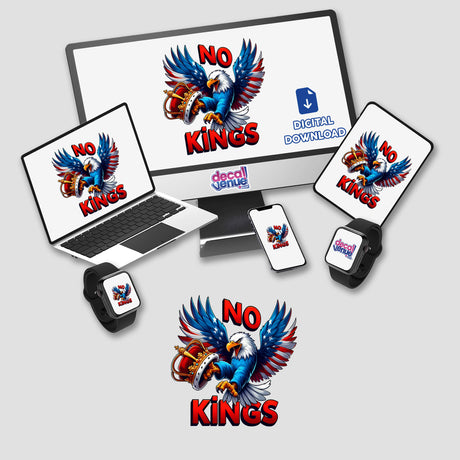 No Kings American Bald Eagle design available as stickers or digital artwork, featuring a stylized eagle with computer and phone elements, reflecting Decal Venue's unique vinyl and digital art offerings.