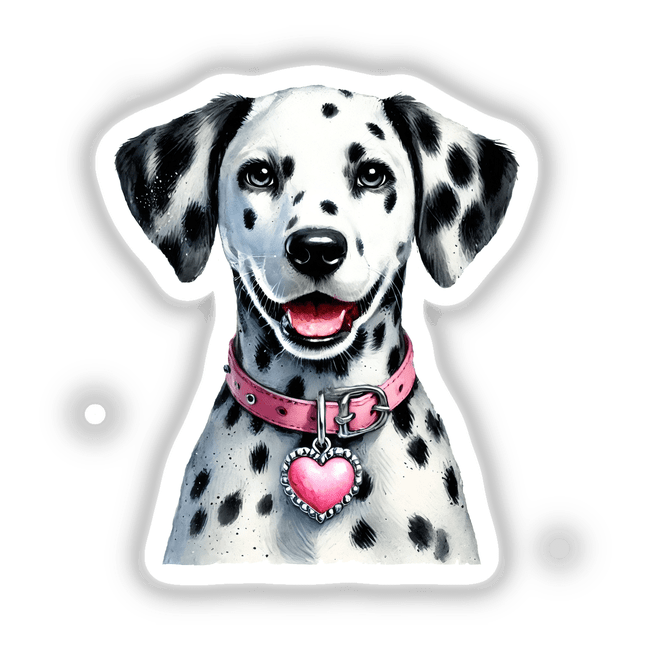 Happy Dalmatian Dog Portrait featuring a close-up of a black and white Dalmatian with a heart-shaped pendant on a pink collar, available as stickers or digital artwork.