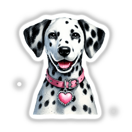 Happy Dalmatian Dog Portrait featuring a close-up of a black and white Dalmatian with a heart-shaped pendant on a pink collar, available as stickers or digital artwork.