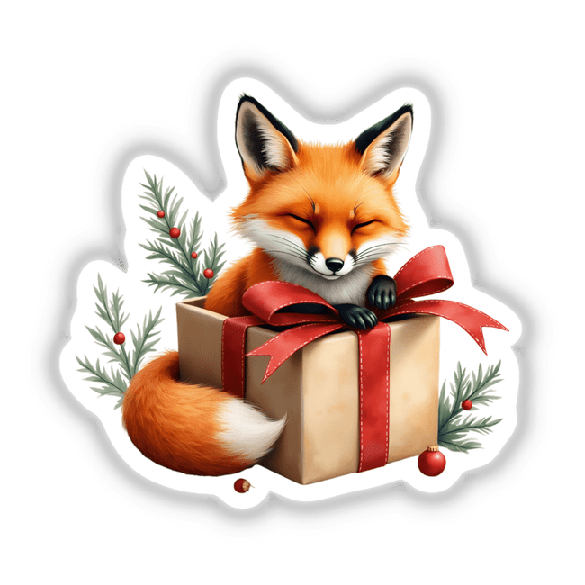 Fox in Christmas Present Box: A cartoon fox with a red bow peeks from a gift box, perfect for stickers or digital artwork, embodying Decal Venue's unique art style.