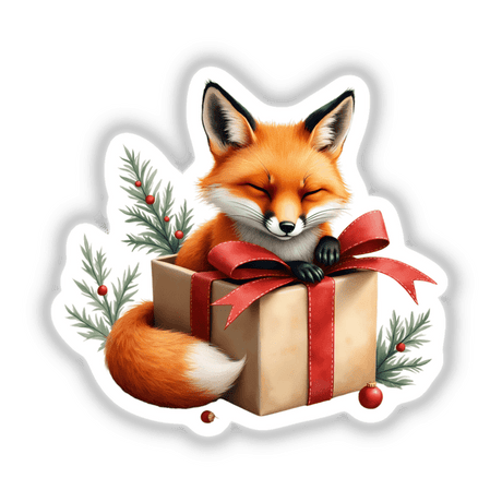 Fox in Christmas Present Box: A cartoon fox with a red bow peeks from a gift box, perfect for stickers or digital artwork, embodying Decal Venue's unique art style.