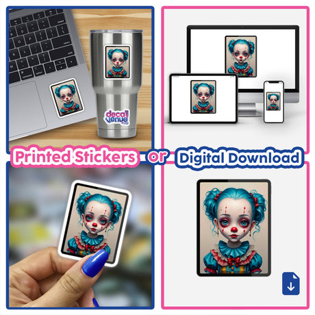 Blue Sweet Clown sticker featuring a doll-faced clown with blue hair, teal eyes, and dramatic red makeup, styled in vintage ruffles with gothic charm, perfect for unique vinyl collections.