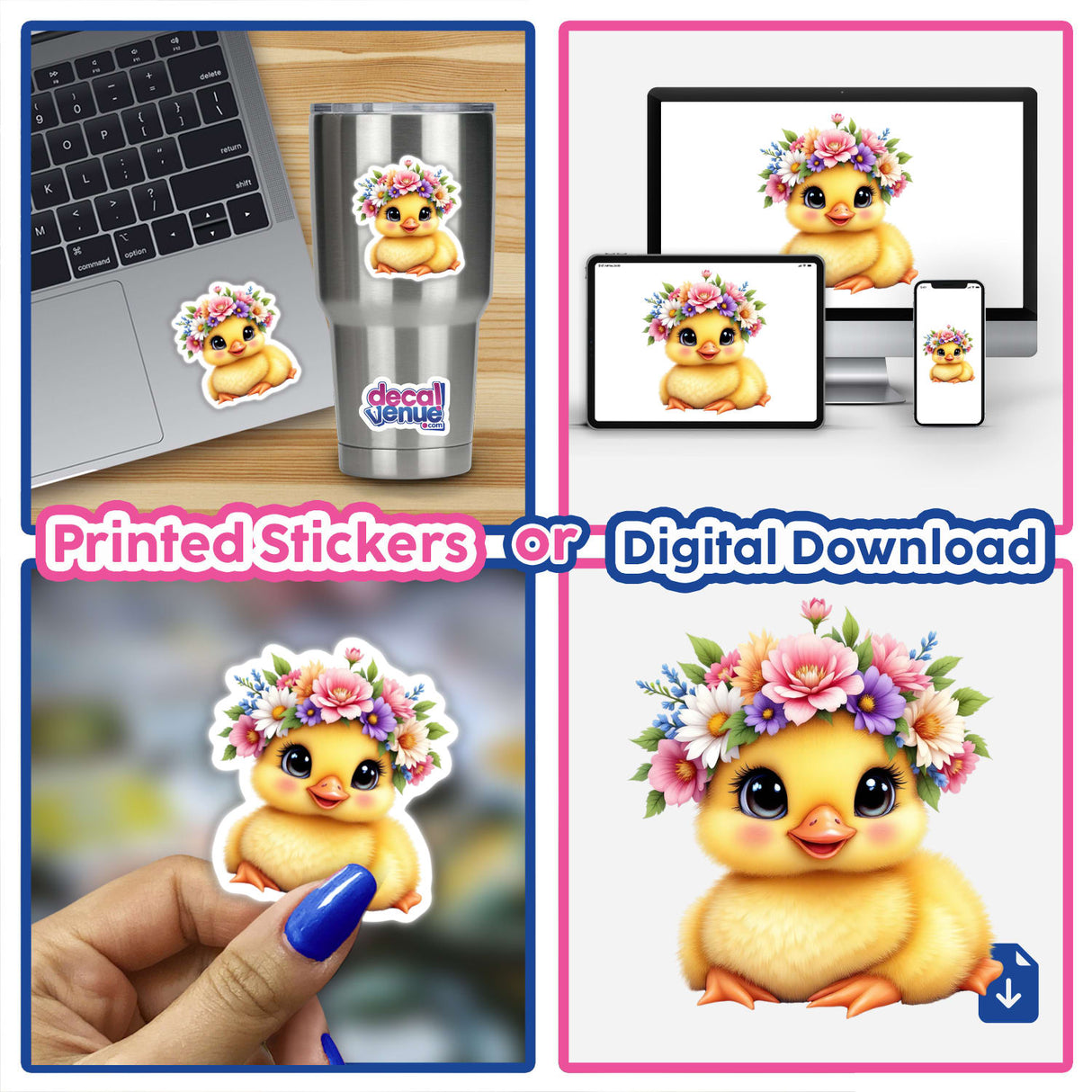 Sweet Duckling Adorned with a Spring Flower Crown sticker displayed on a laptop, showcasing a whimsical cartoon duckling with flowers on its head—a perfect touch of charm from Decal Venue.