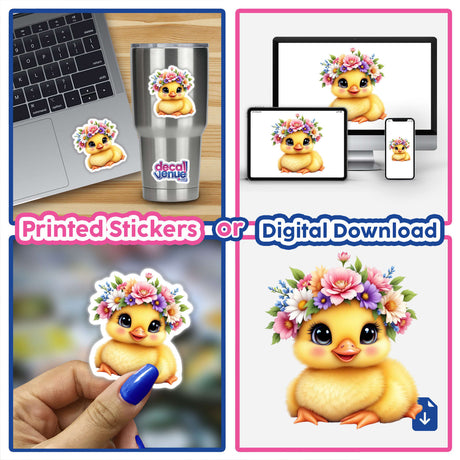 Sweet Duckling Adorned with a Spring Flower Crown sticker displayed on a laptop, showcasing a whimsical cartoon duckling with flowers on its head—a perfect touch of charm from Decal Venue.